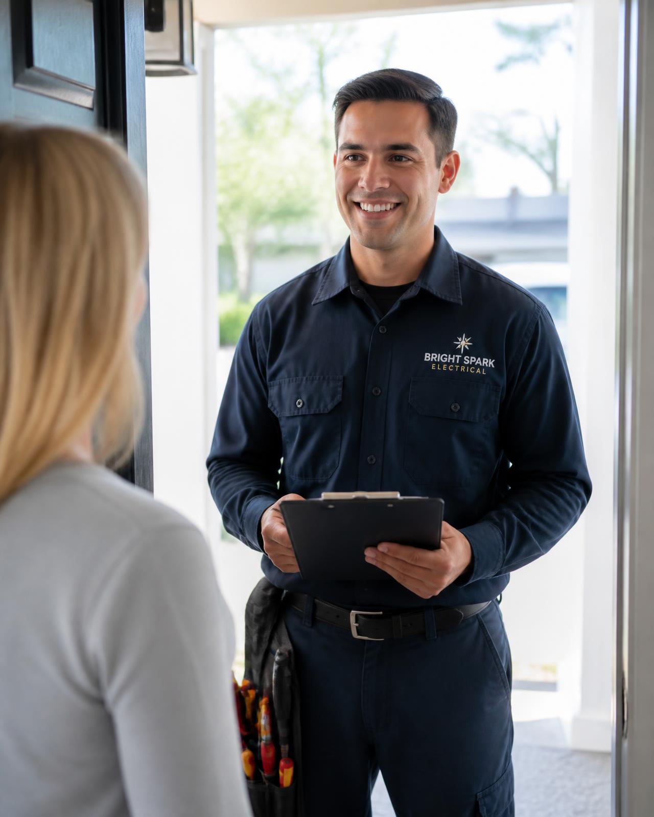 Power Flow Electric technician greeting a homeowner at the front door
